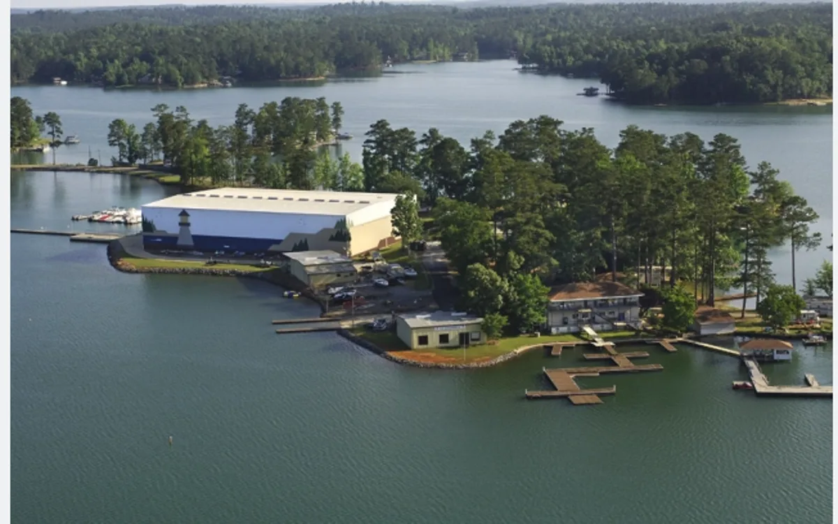 Aerial view of Real Island Marina docks and the Lake Martin shoreline near Equality, Alabama.