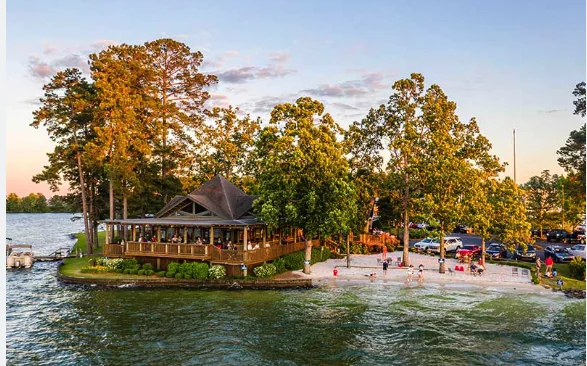 The Social restaurant, beach area, and Lake Martin shoreline in Eclectic, Alabama.